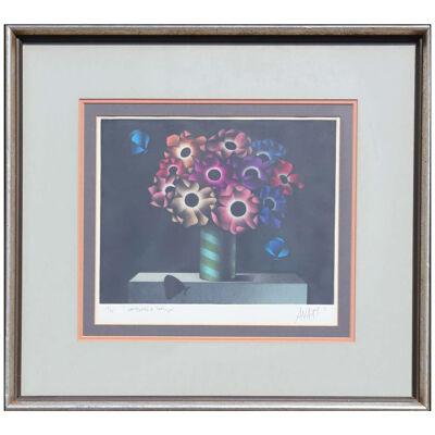 “Anemones & Papillons” Floral Still Life w Butterflies Print by M. Avati, Framed