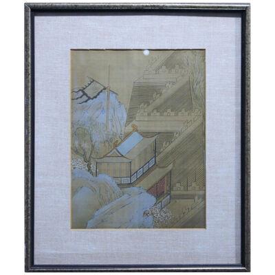 Mid Century Chinese Architectural Landscape of the Great Wall Woodblock Print