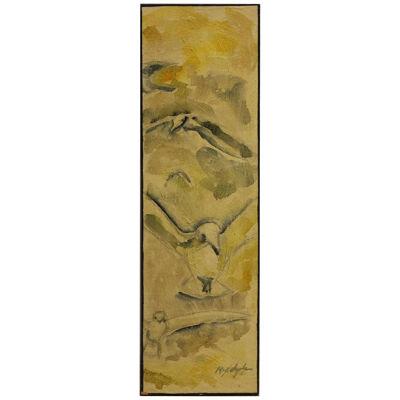1970s Abstract Expressionist Painting of Yellow Toned Birds Seagulls