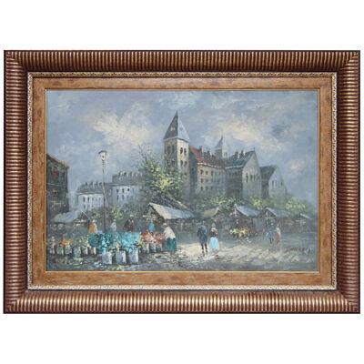 "Paris Scene" Impressionist French Market Street Scene Oil Painting 20th Century