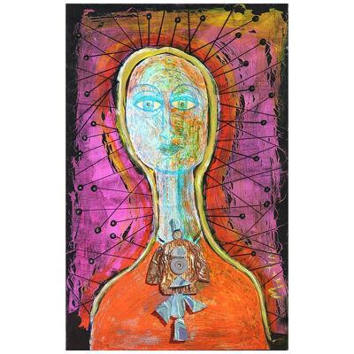 Contemporary Warm Toned Abstract Found Object Portrait Painting of Female Figure