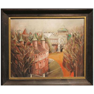 Naturalistic Fanciful Townscape Realism Oil Painting 1980s