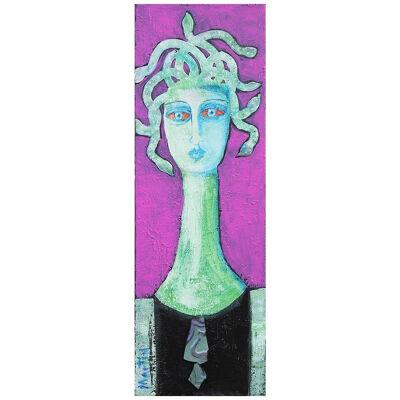 Contemporary Abstract Teal & Purple Medusa Inspired Found Object Figure Painting