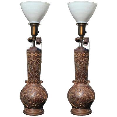 Cast Bronze Chinese Style Relief Lamps - a Pair