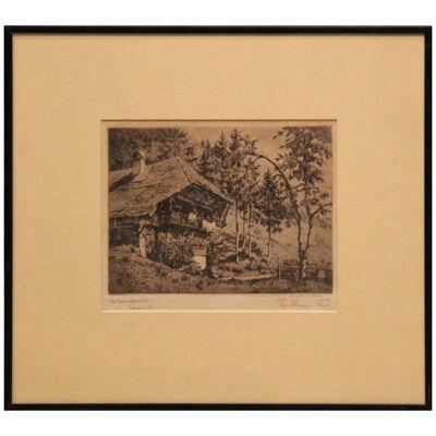 Hut in Forest Landscape Etching