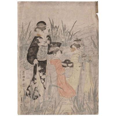 18th Century 'Three Beauties by a River' Japanese Woodblock Print