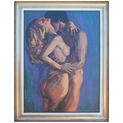 Large Impressionist Textured Embracing Nude Painting