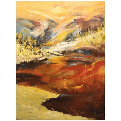 S M Aljunied “Untitled”Yellow & Earth Toned Gestural Abstract Oil Painting 2001