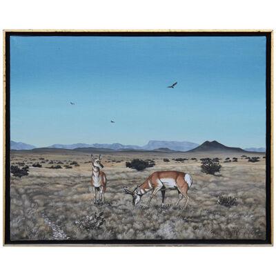 1970s Desert Landscape Oil Painting of Two Pronghorn Antelopes