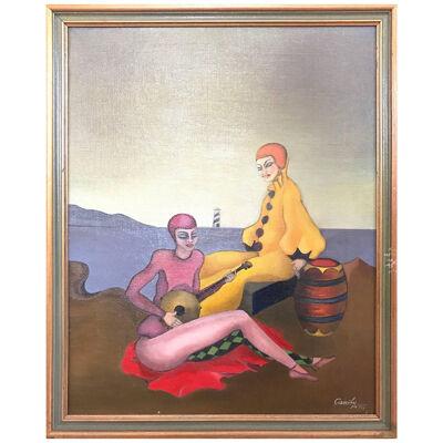 Camilo Surrealist Painting of Two Relaxing Harlequins 1950