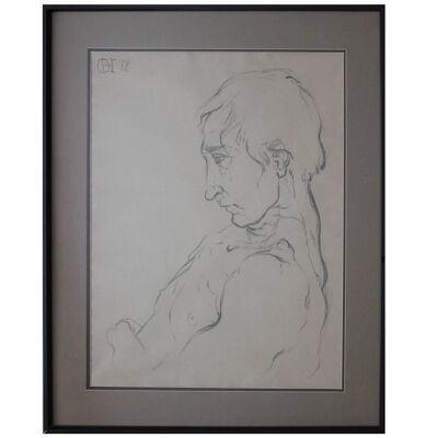 1970s Charcoal Portrait Drawing of a Man in a Frame
