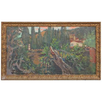Impressionist Green Toned Landscape Painting of a House Amongst Trees and Roots