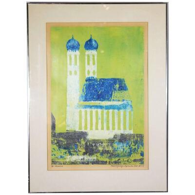 Paul Sprohge "Munch" Green and Blue Tonal Architecture Landscape 1974