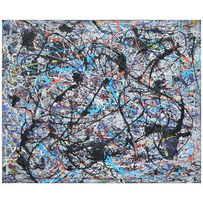 Colorful Blue Abstract Expressionist Painting in the Style of Jackson Pollock