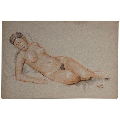 1950s Naturalistic Study of a Nude Woman Graphite and Color Pencil on Paper