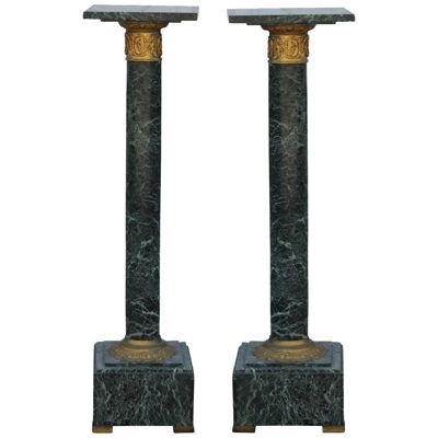 French Verde Green Marble Column Pedestals with Bronze Capital Detail - a Pair