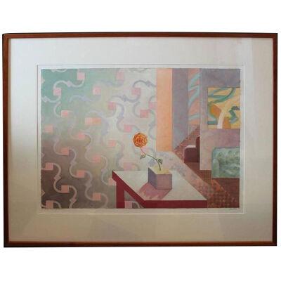 "2 Interiors with Flowers #2" Surreal Architectural Abstract Pastel Painting