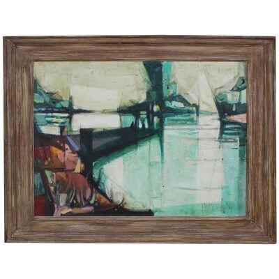 1950s Geometric Early Abstract Landscape Oil Painting