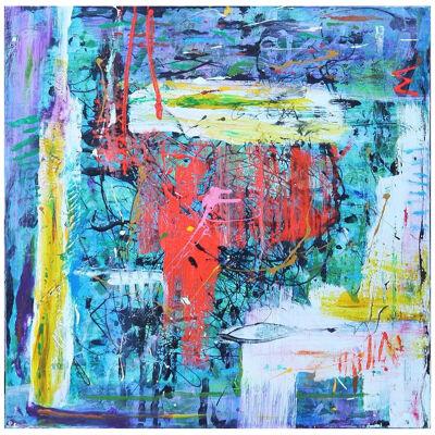 Contemporary Blue, Red, & Yellow Square Modern Abstract Expressionist Painting