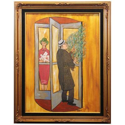 Frank Freed "Revolving Door at Christmas" Figurative Painting 1963