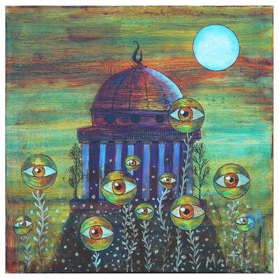 Contemporary Abstract Surrealist Landscape Painting of a Field of Eyes
