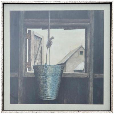 Rural Gray Toned Naturalistic Bucket in Window Still Life Farm Painting 20th C