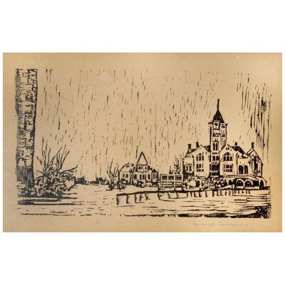 Mid-Century Abstract Expressionist Town Square Naturalistic Woodblock Print