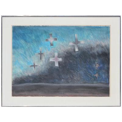 Peter Keefer Modern Abstract Watercolor Blue Cross Landscape 1982