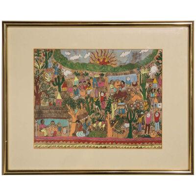 Colorful Green and Red Mexican Amate Folk Art Landscape Painting 20th Century