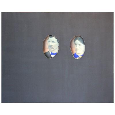 Black Canvas Wrapped Portrait of a Couple with Painted Bright Blue Collars