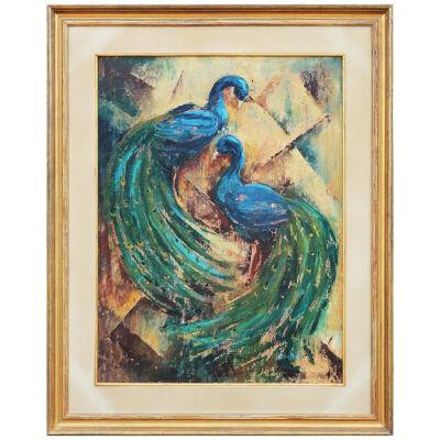 Teal and Blue Toned Abstract Modern Painting of Two Peacocks