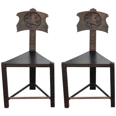 Interesting Unusual Tri Leg Carved Dark Brown Wood Lion Ram Chairs - a Pair