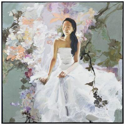 "Listening" Large Abstract Pastel Floral Portrait of A Woman in a White Dress