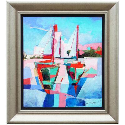 Pink, Teal, Blue, and Green Cubist Sailboats Seascape Painting