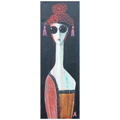 Contemporary Red Toned Elongated Abstract Fashionable Female Portrait Painting