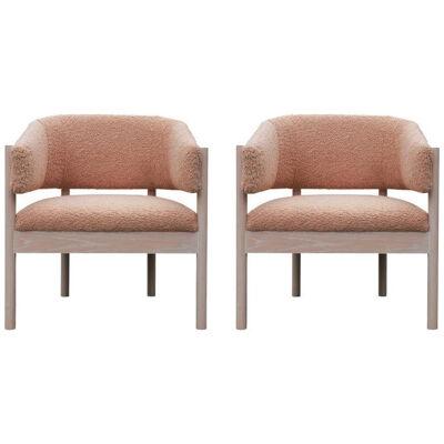 Pair of Custom Angular Post-Modern Pink Shearling & Bleached Oak Lounge Chairs