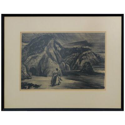 "The Cove" Abstract Landscape of a Desert with Mother and Child Lithograph
