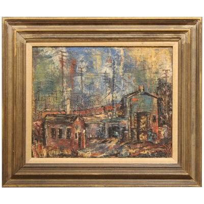 1950s "Slaughter House" Abstract Cityscape Painting by Billye Slayton, Framed