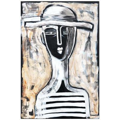 Contemporary Brown and Black Contour Line Painting of a Figure in a Hat