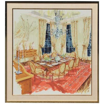 River Oaks Home Interior Painting of a Dining Room Modern Watercolor