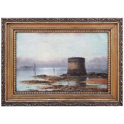 Early 19th C Romantic Coastal Landscape Oil Painting of a Martello Tower, Framed