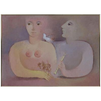 (after) Marc Chagall Pink and Purple Neutral Abstract of Two Figures and a Dove