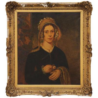Early European Portrait Painting of a Young Woman Oil on Canvas