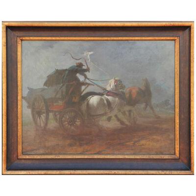 Mid 19th Century Horse Drawn Wagon Landscape Oil Painting