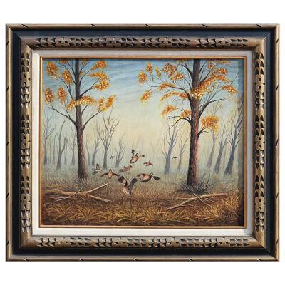 Brown Toned Covey of Quails in a Surrealist Forest Painting