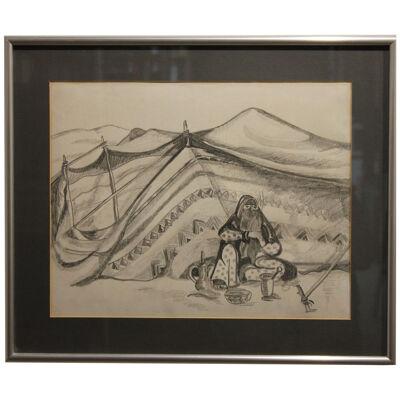 Mid 20th Century Graphite Sketch of a Woman in a Hijab In Front of a Tent