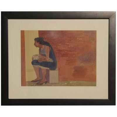 1955 "Woman and Child Seated Against a Wall" Painting by Luis Eades, Framed
