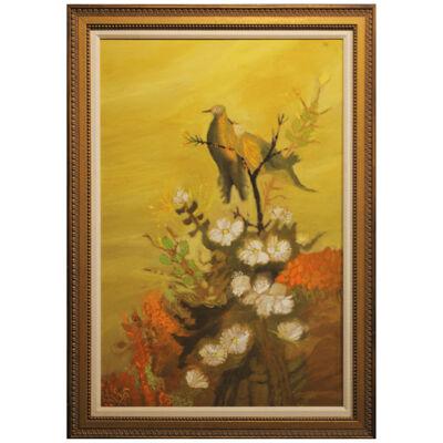 Lamar Briggs Spring Yellow Tonal Painting with Doves and Flowers 1970's