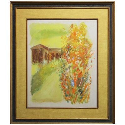 1970s Impressionist Warm Toned Landscape with Flowers and a Villa Lithograph