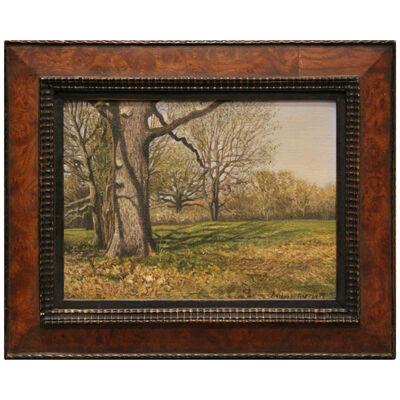 70s "Naturalistic Field with Trees Landscape" Egg Tempura Painting in Wood Frame